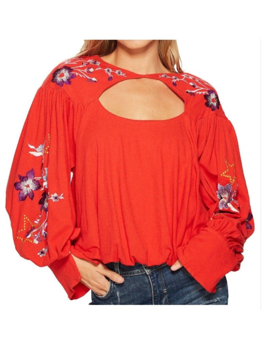 Free People Lita Embroidered Top bubble hem long balloon sleeves red medium
